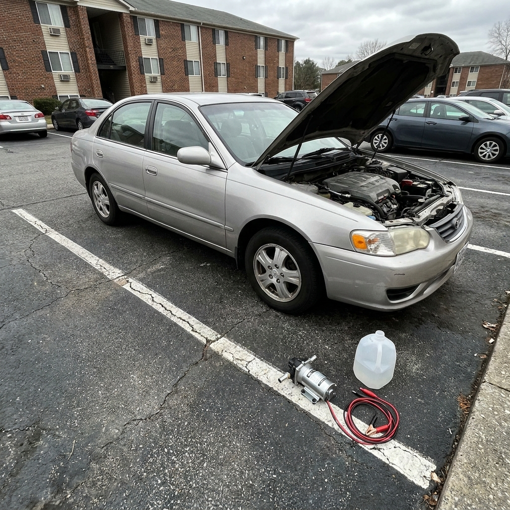 A car in an ordinary parking space with the hood up and the pump on the ground beside it — no jack, no ramps