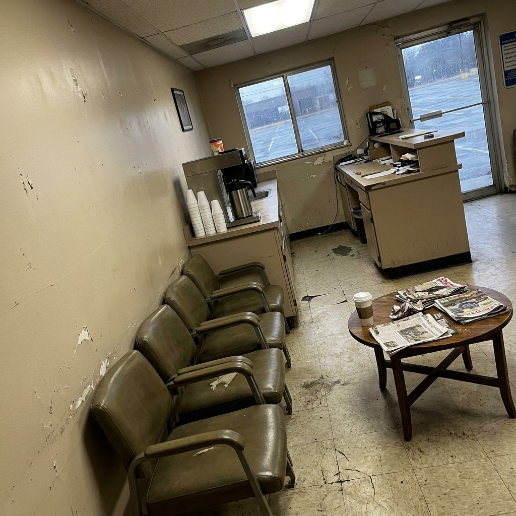 An empty auto service waiting room with worn vinyl chairs and an unattended counter