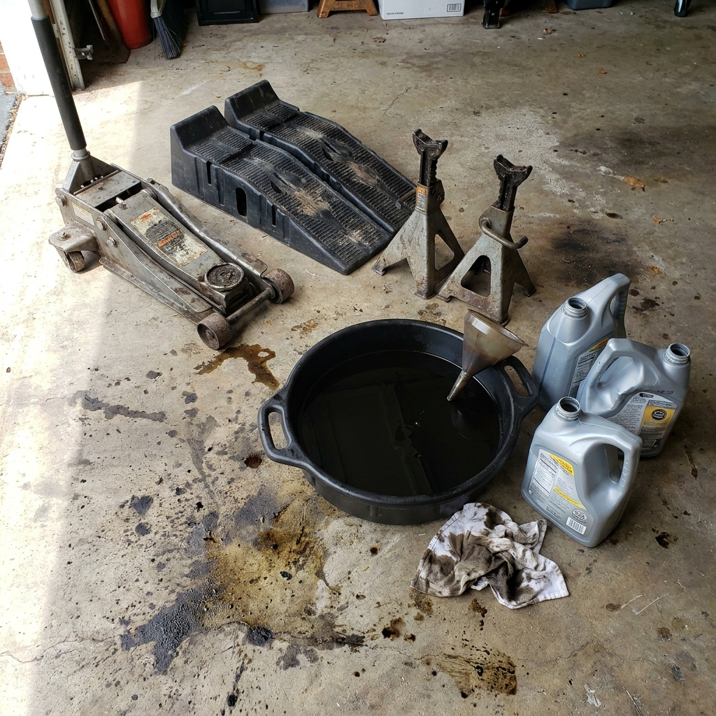 A floor jack, ramps, jack stands, drain pan, funnel and empty oil jugs on a stained garage floor