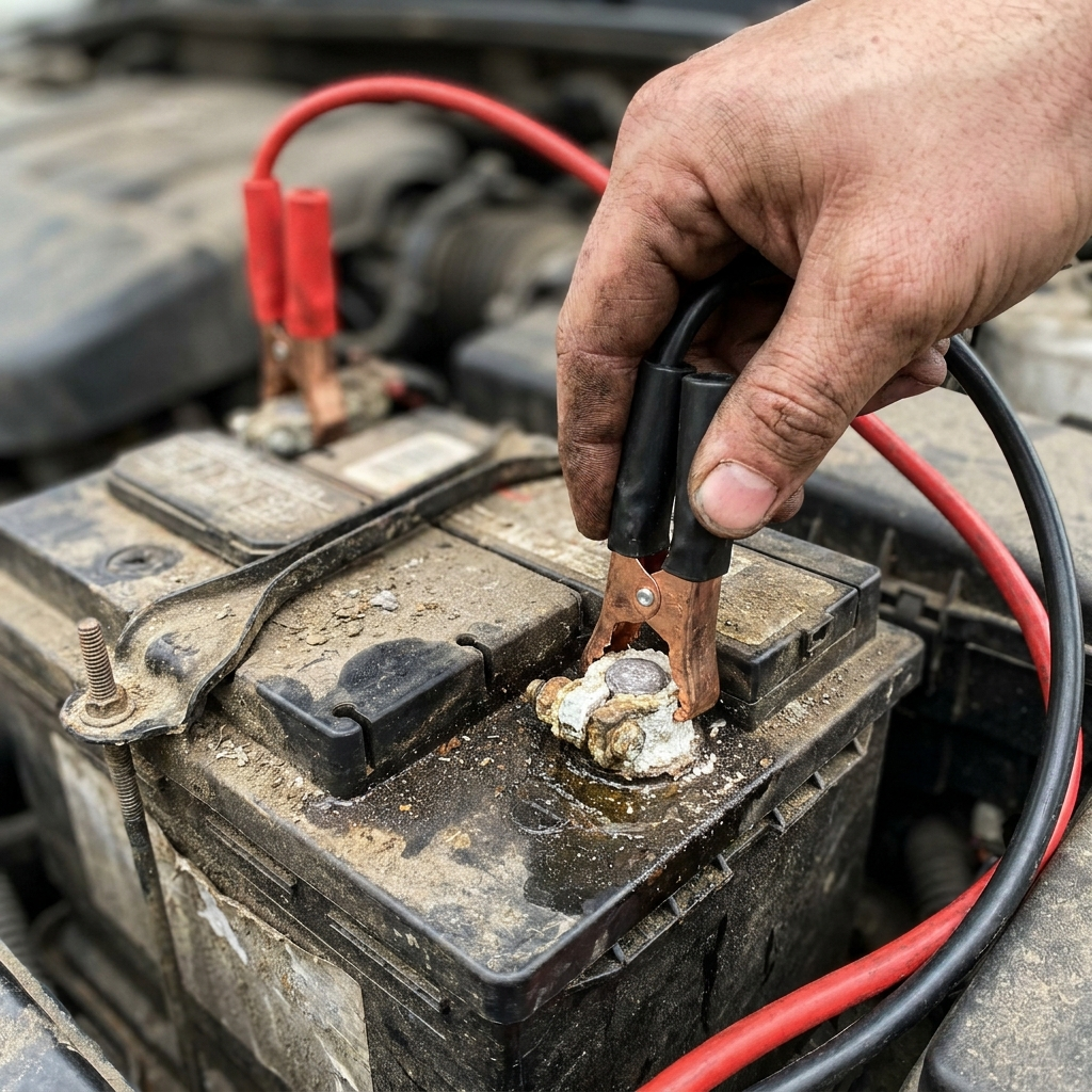 Red and black crocodile clips attached to a car battery's terminals