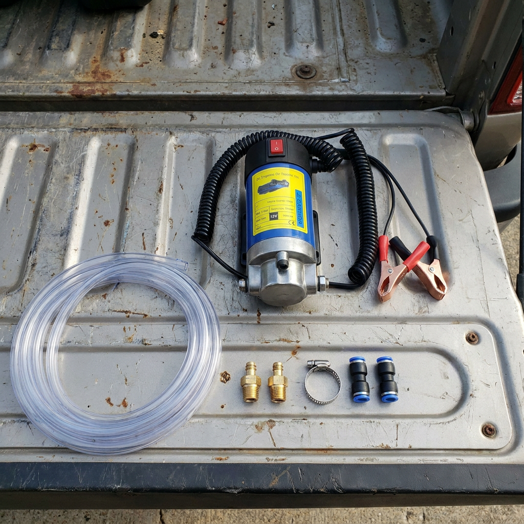 The Drainless pump and its three hoses and fittings laid out on a truck tailgate