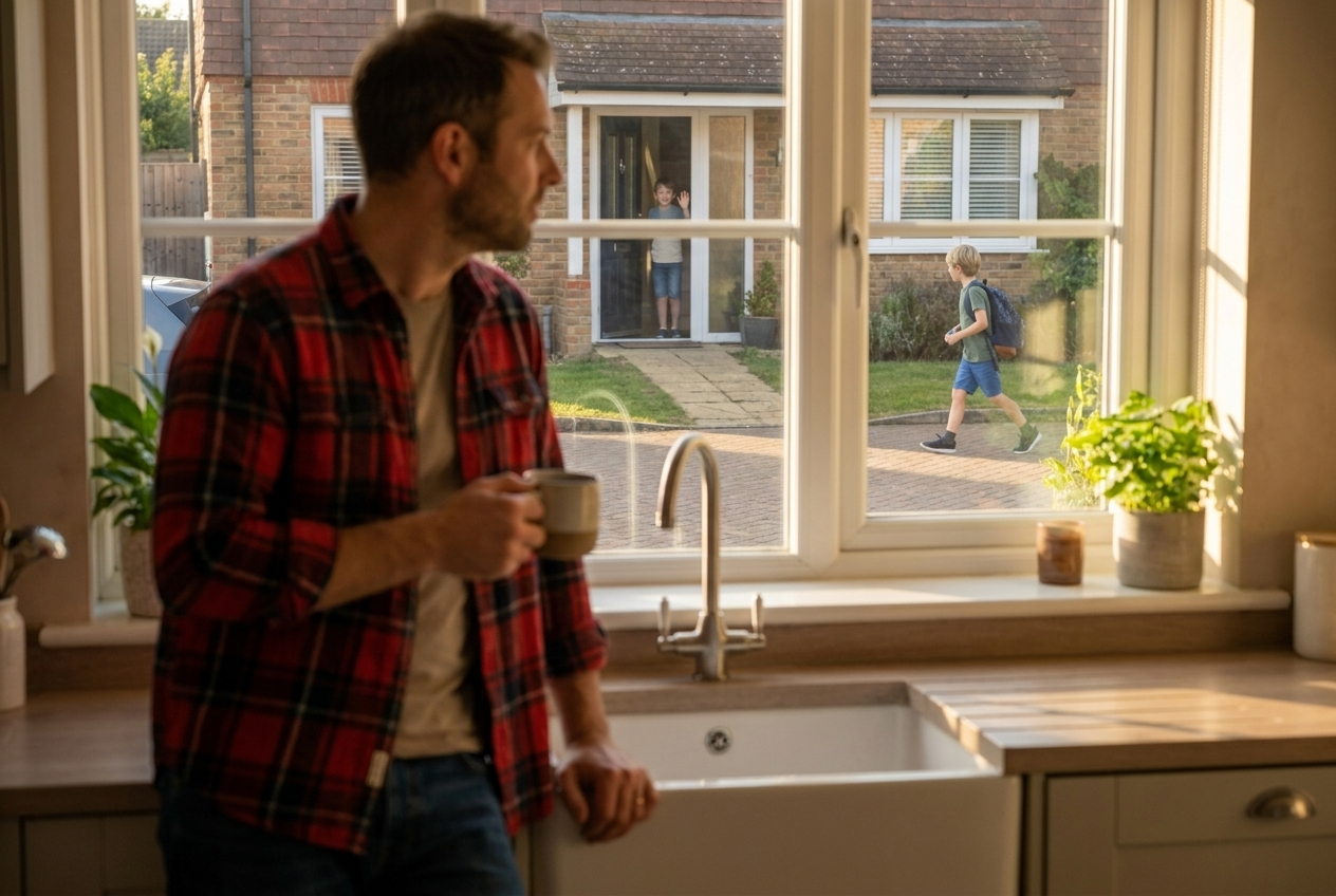 A dad watching from the kitchen window as his son walks up to a neighbor's front door