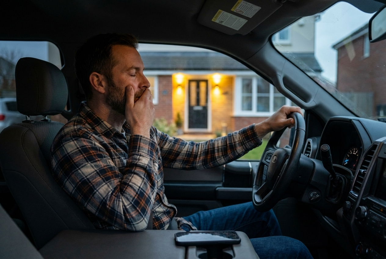 A dad sitting in his parked truck in a driveway at dusk