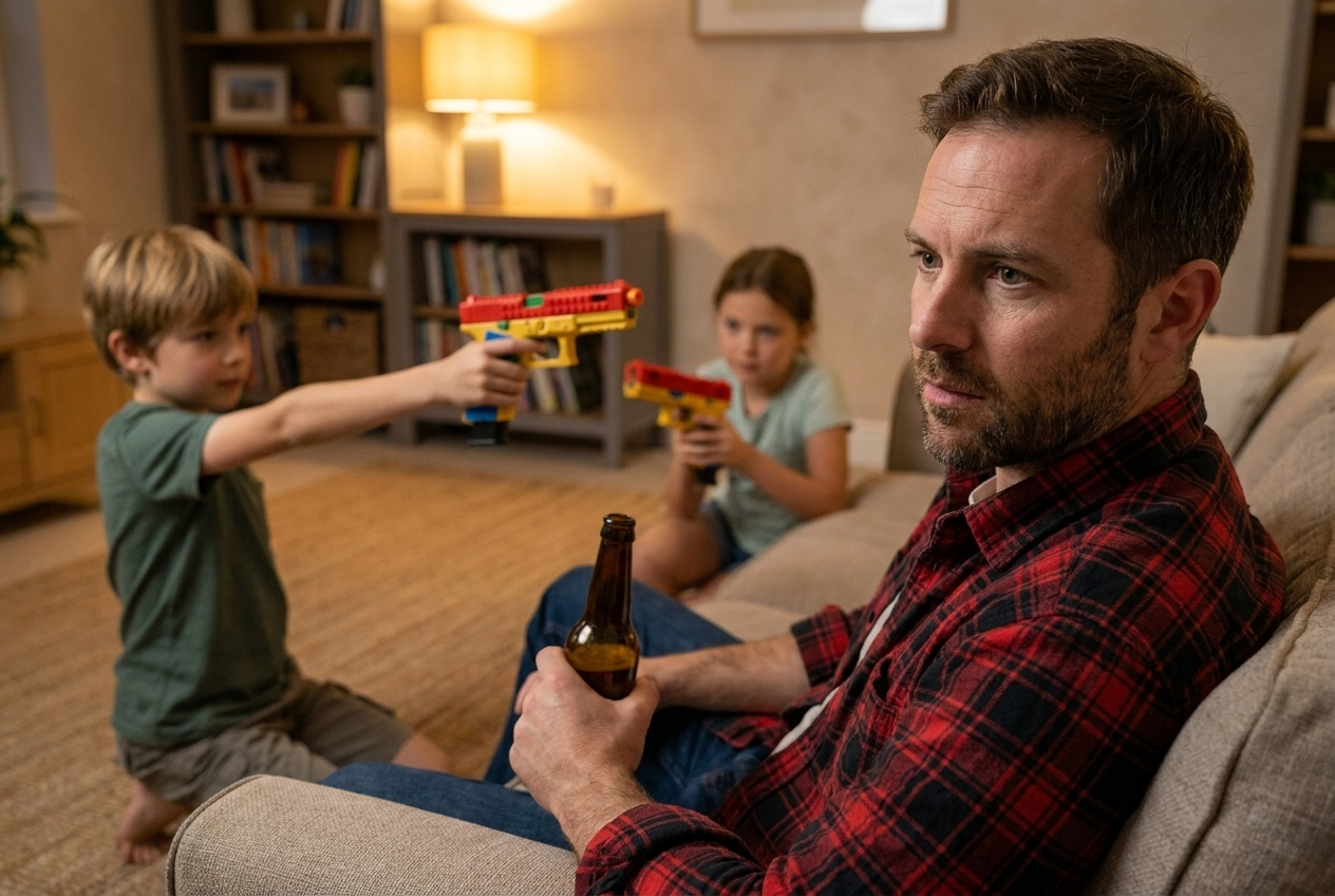 A dad on the couch watching his son and cousin play with their toy blasters
