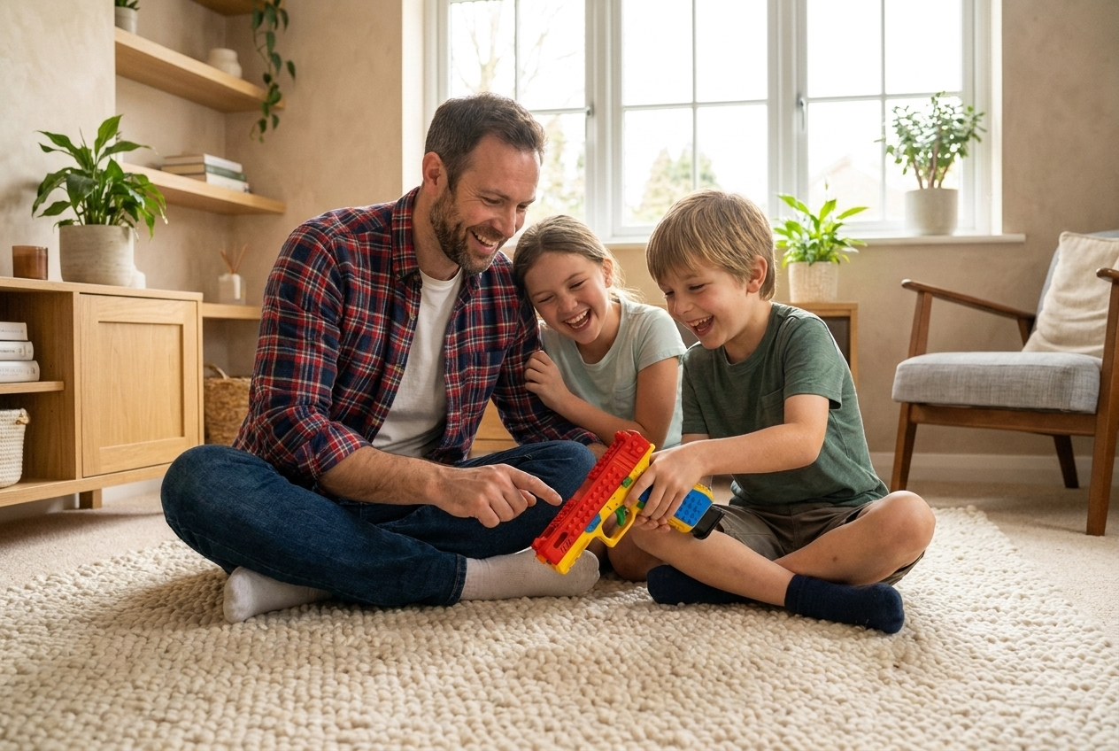A dad laughing on the living room rug with his son and daughter