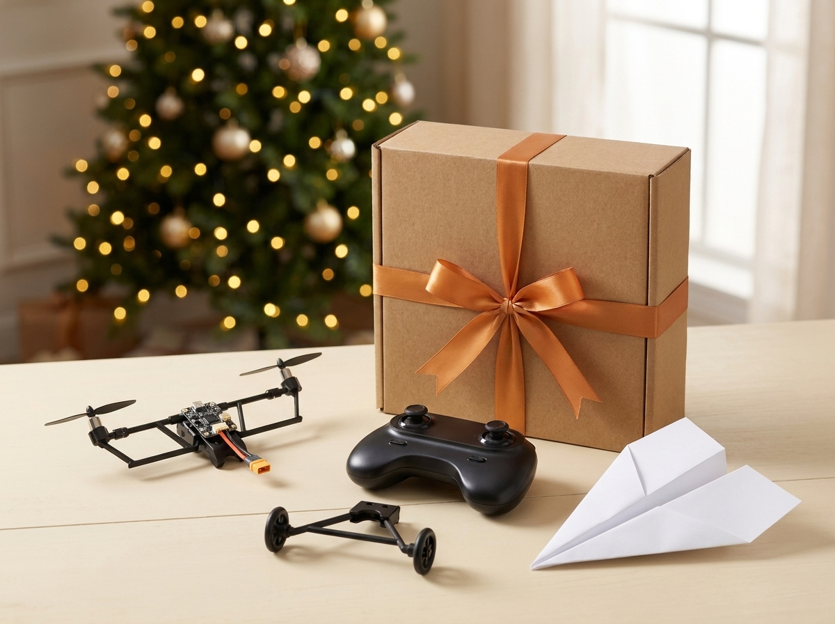The PaperFlight module, remote, landing gear and a folded paper plane in front of a wrapped gift box, Christmas tree behind