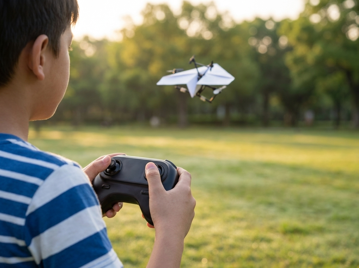 A boy holding the two-stick remote controller with both thumbs on the sticks, watching his paper plane fly in the park