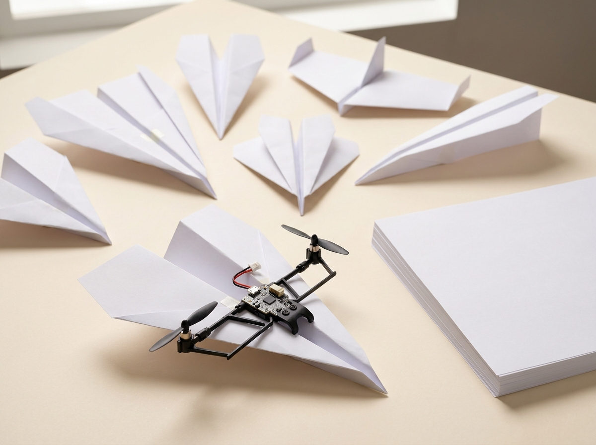 The twin-propeller module clipped onto a paper plane, surrounded by other paper planes folded from plain printer paper