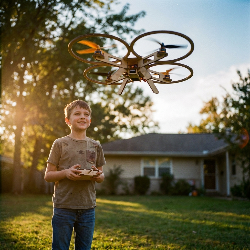 A boy flying the finished wooden drone in a backyard at golden hour
