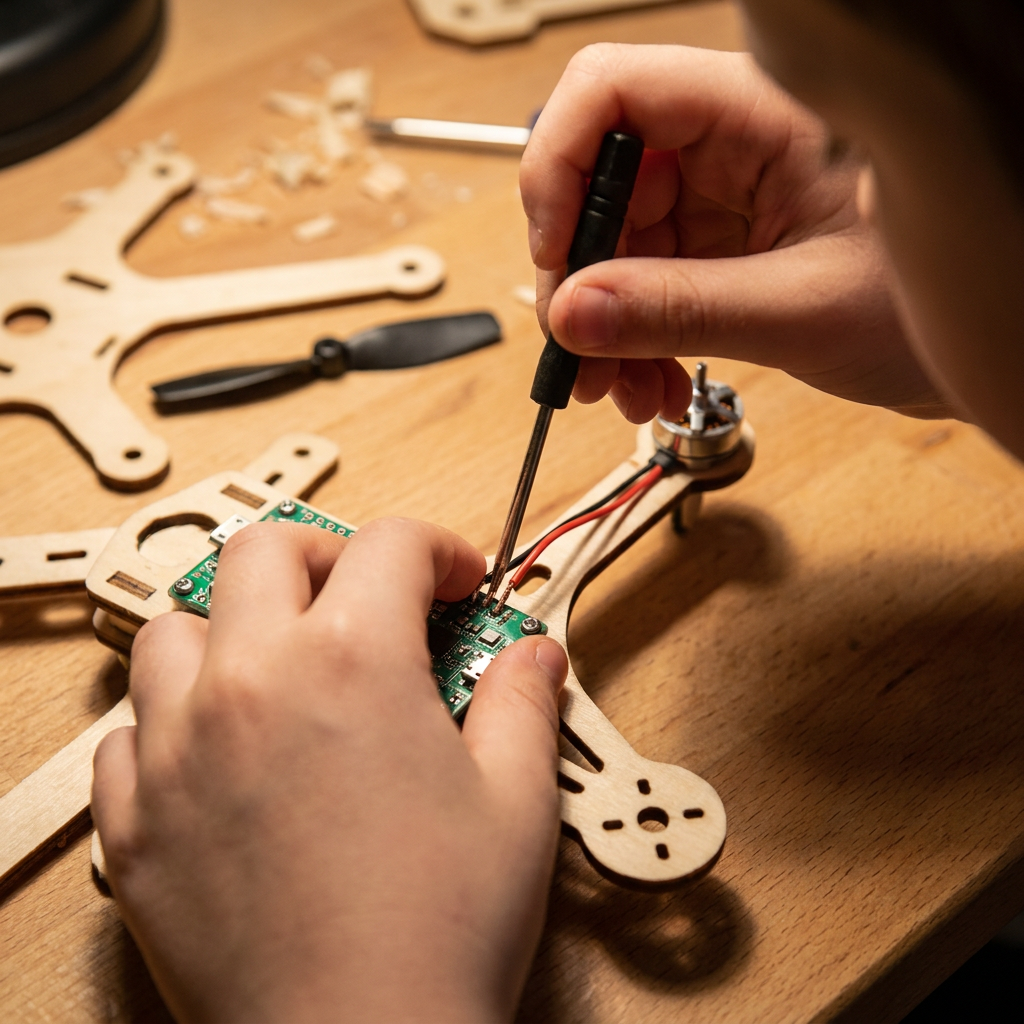 Close-up of a child wiring a motor to the flight board