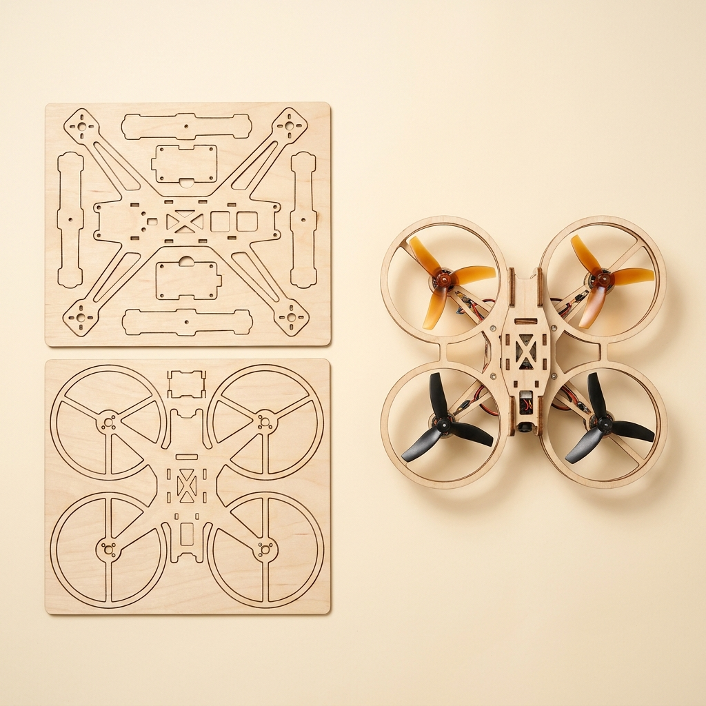 Two flat laser-cut birch sheets beside the finished drone they build into