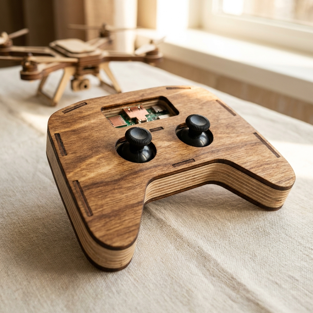 The hand-built wooden twin-stick remote control