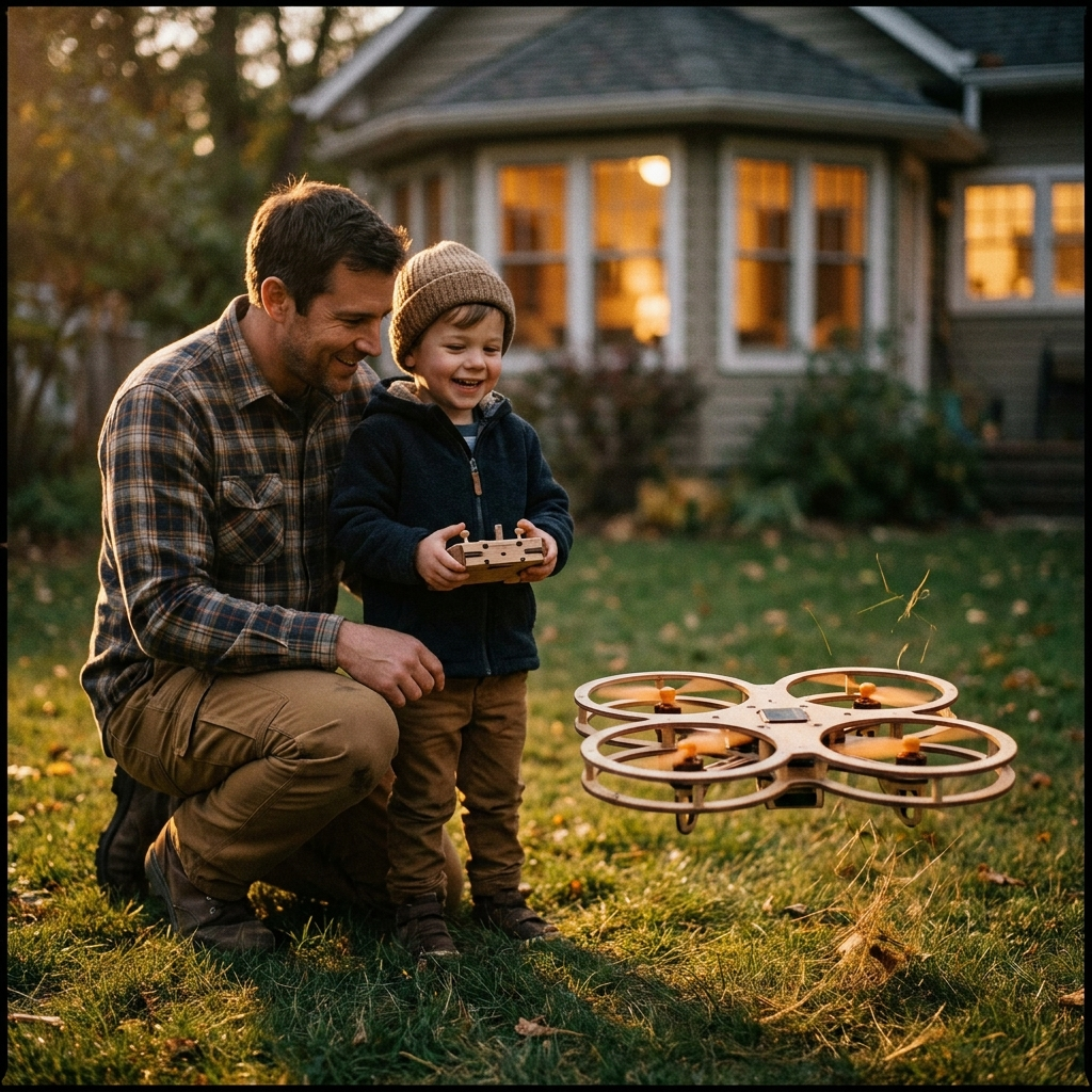 A father and son watching the wooden drone lift off the lawn