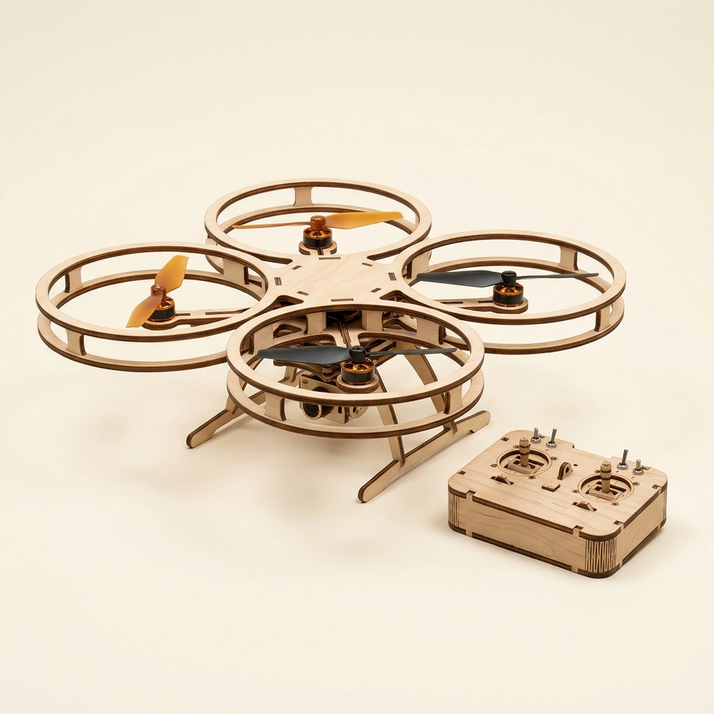 The Skycraft drone and its wooden remote