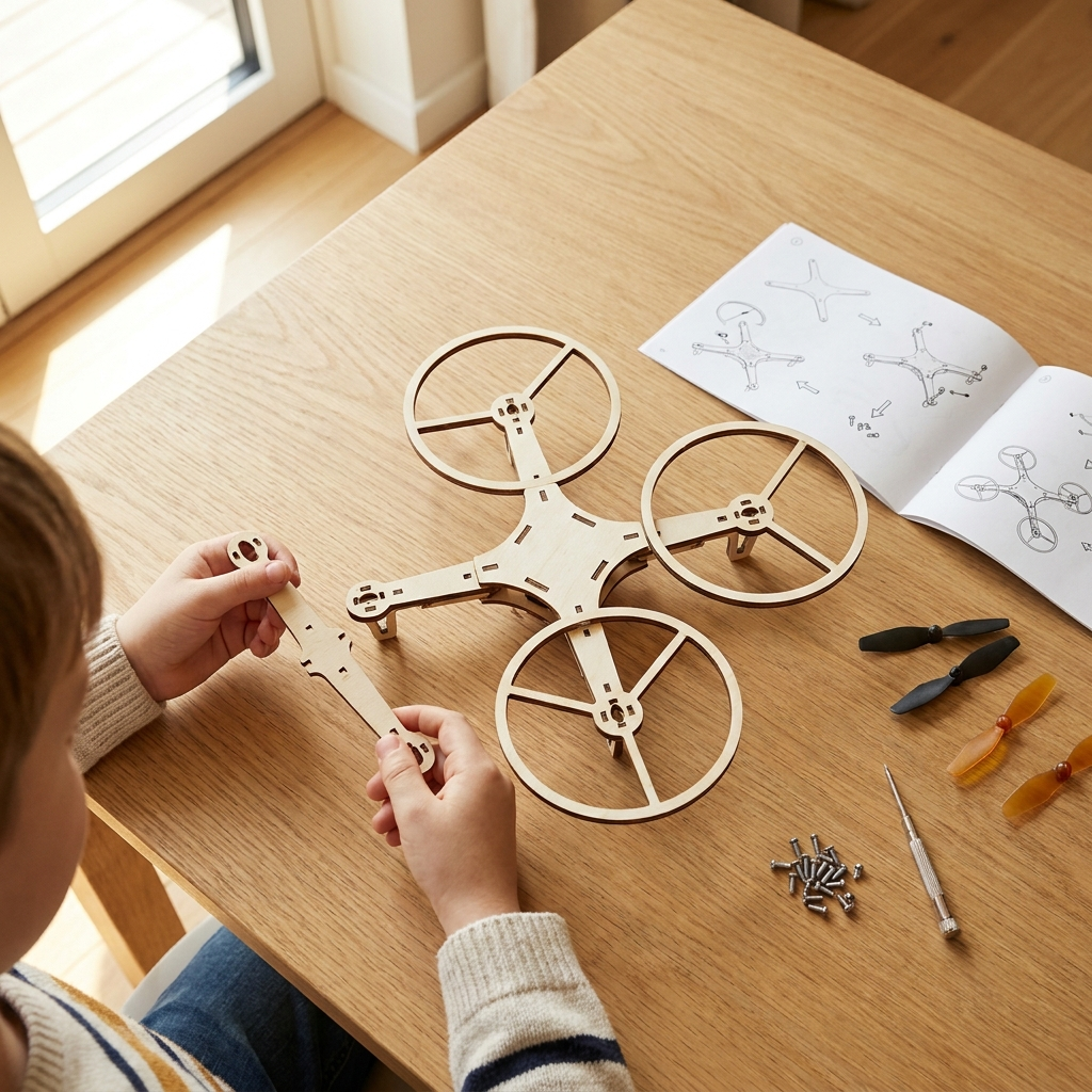A half-assembled wooden drone mid-build on the table