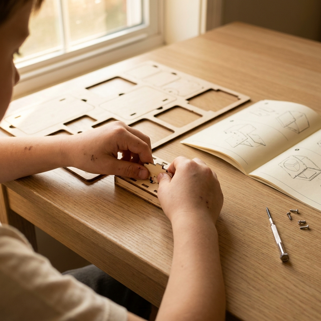 A child's hands pressing a laser-cut birch part into place beside the open manual