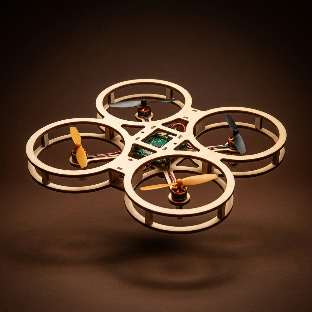 The finished Skycraft wooden quadcopter drone