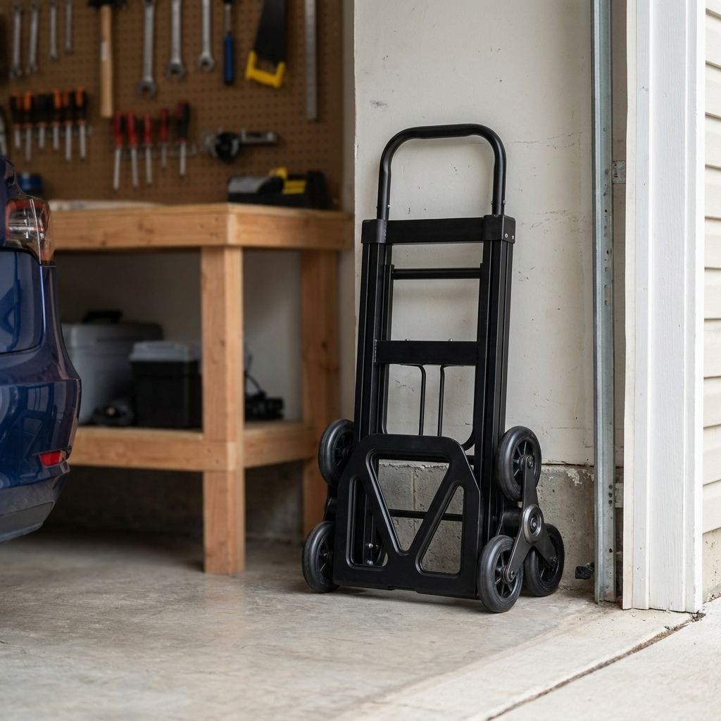 The Everhaul folded flat and standing against a garage wall