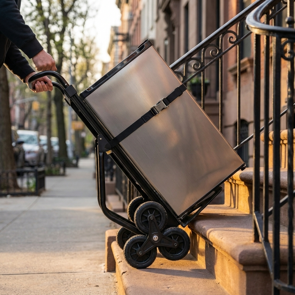 The Everhaul mid-climb on a set of exterior stoop steps with a strapped load