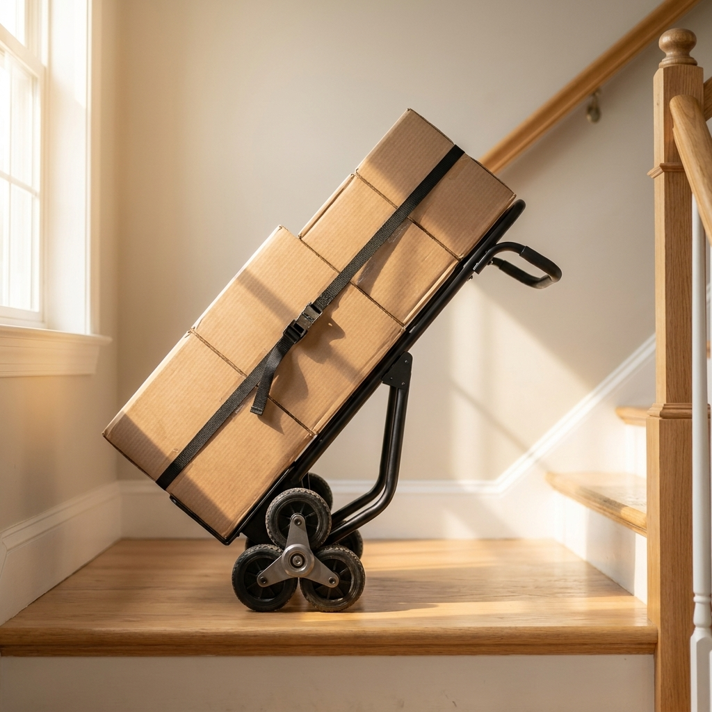The Everhaul Stair-Master Dolly loaded and tilted back on its tri-star wheels on a staircase