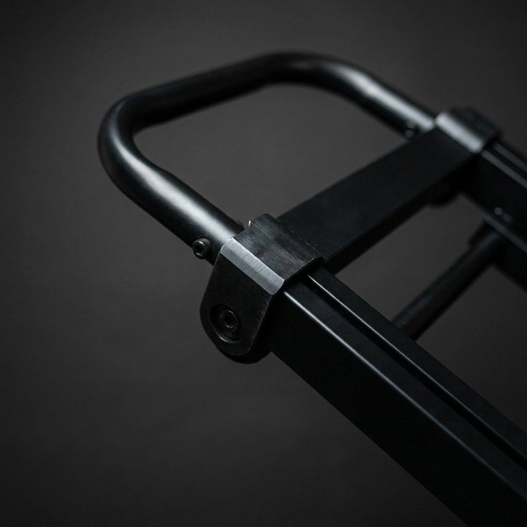 Macro detail of the beveled steel nose plate and one-piece loop handle