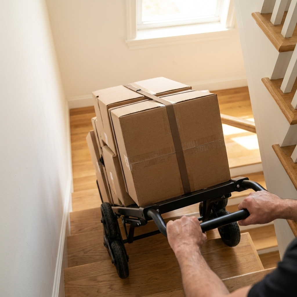 One person walking a loaded Everhaul dolly up a staircase