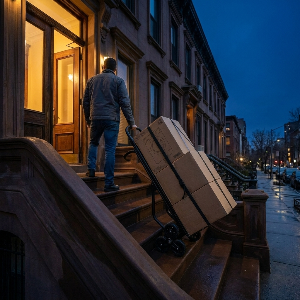 A loaded Everhaul dolly at the top of a brownstone stoop at dusk