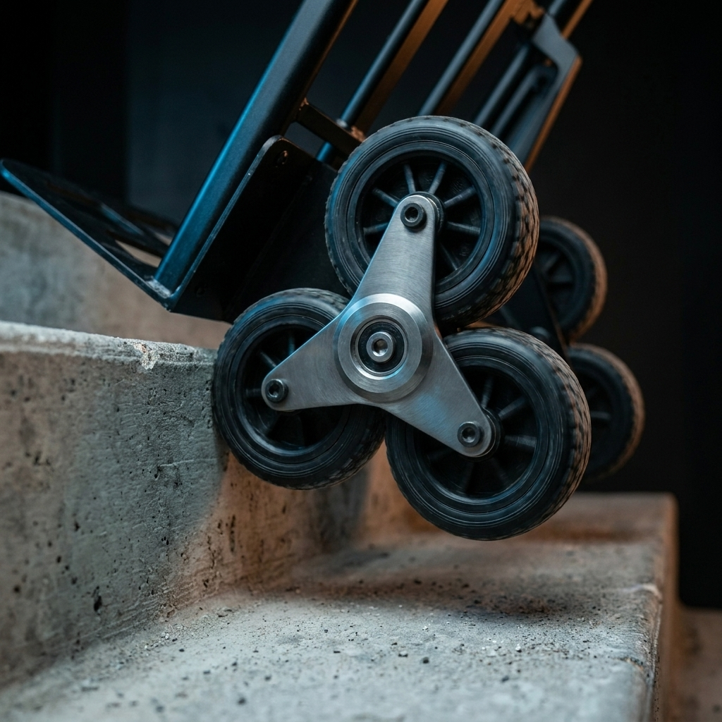 Tri-star wheel cluster rotating onto a concrete stair edge