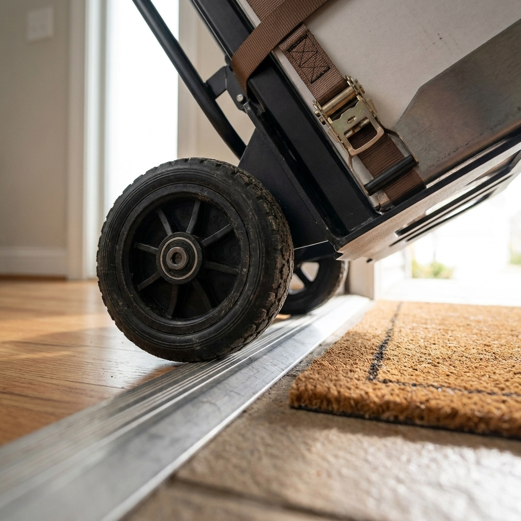 Close-up of the tri-star wheel clearing a door threshold lip