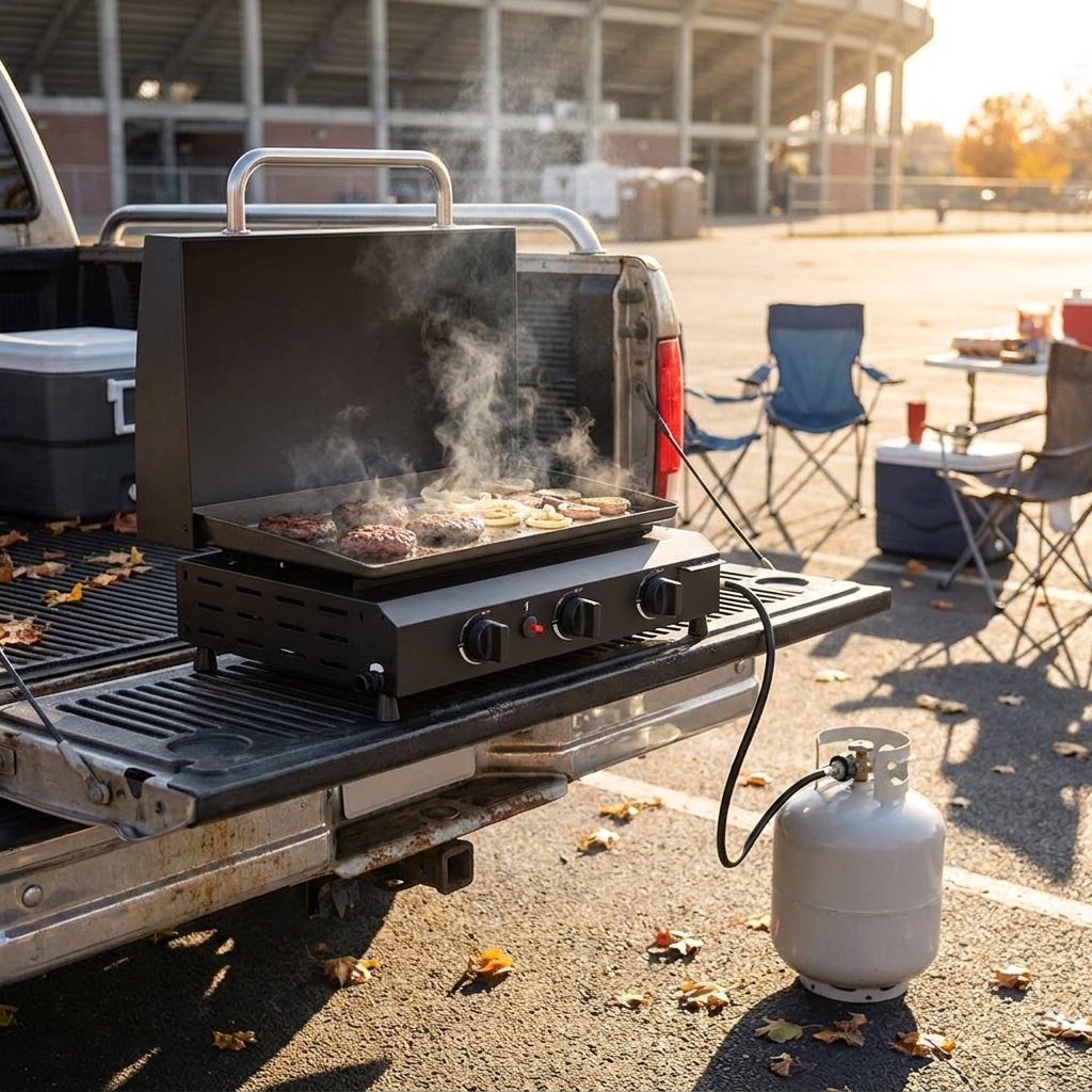 The griddle set up on a truck tailgate in a parking lot with burgers cooking