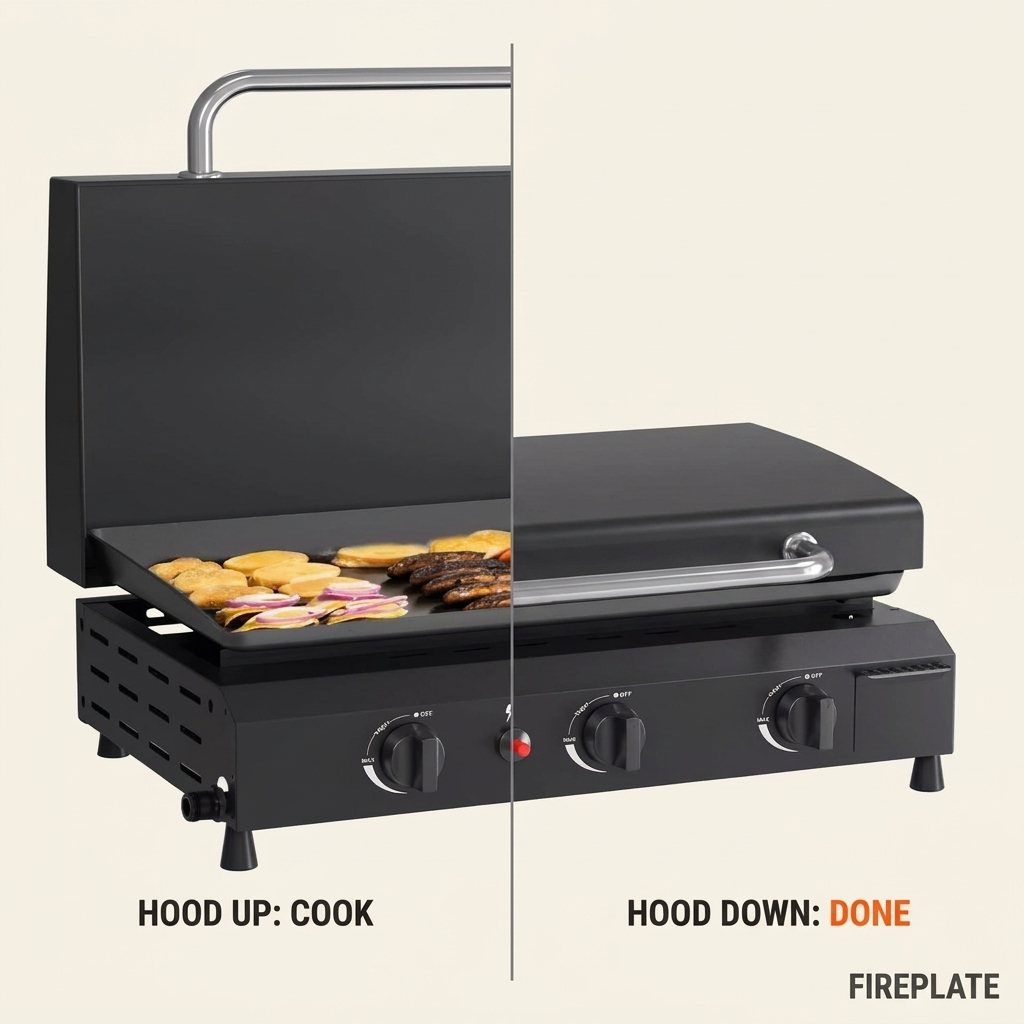 The griddle with its hinged hood open, food cooking on the plate