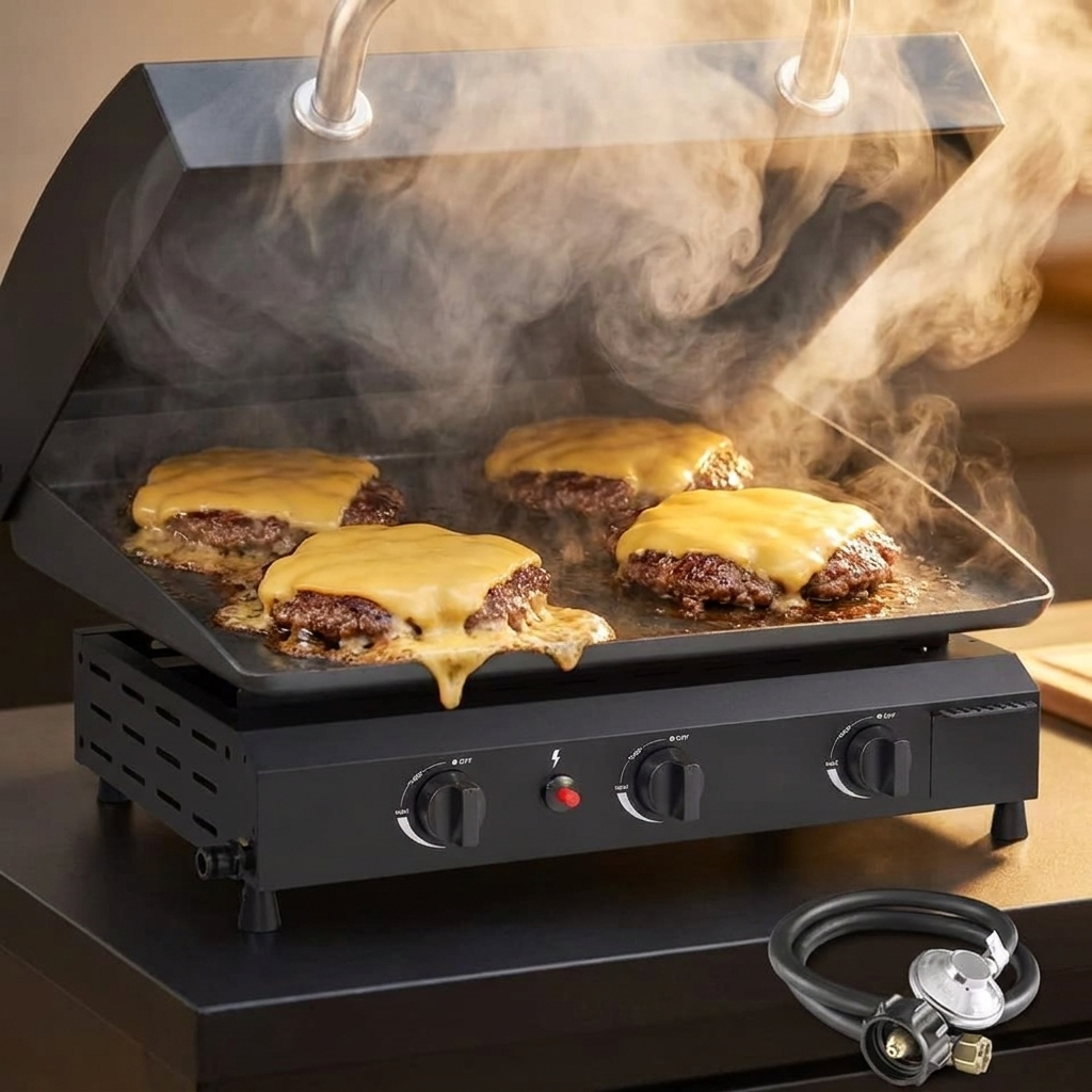 The hinged hood lifting to reveal cheese melting on smash burgers with steam rolling out