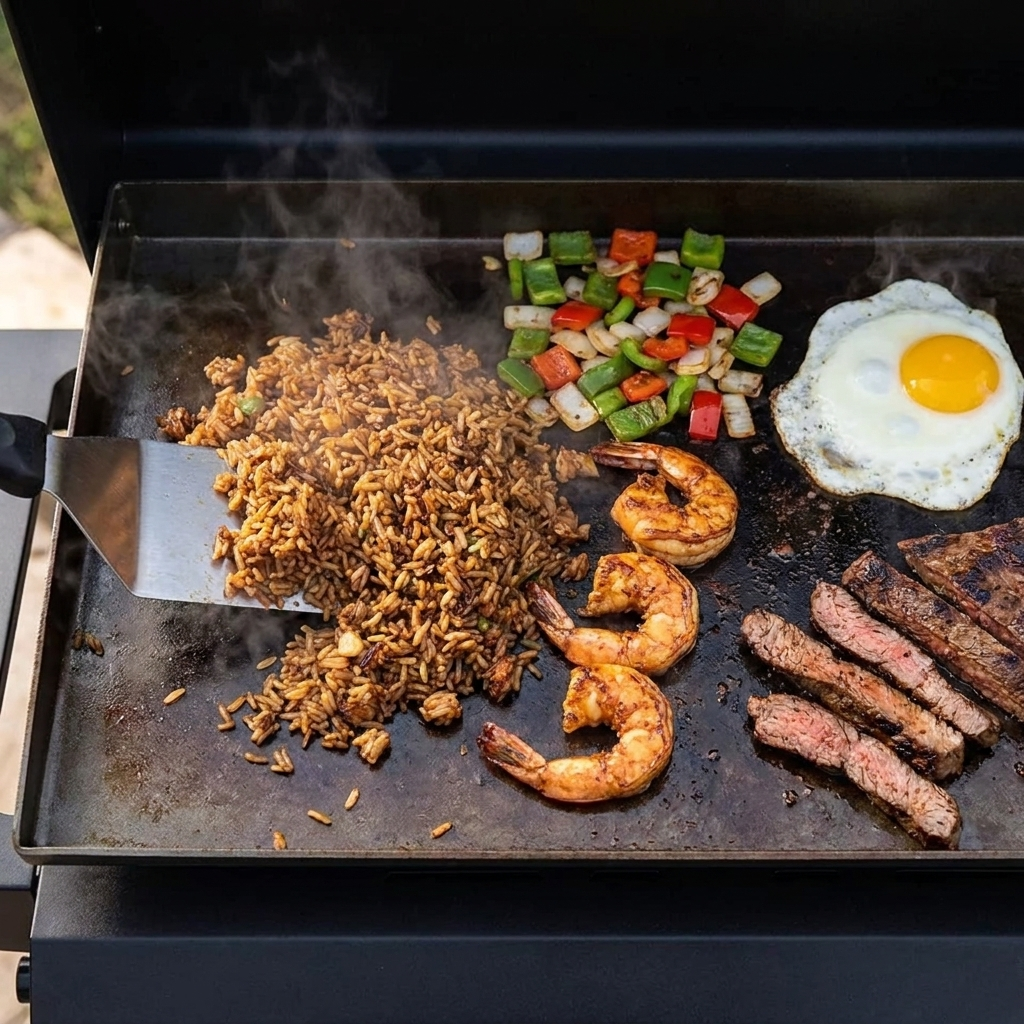 Fried rice, shrimp, peppers and an egg cooking on the flat steel plate