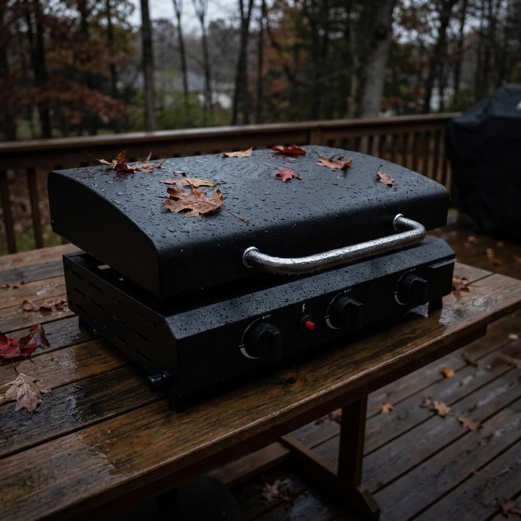 The griddle with its hinged hood closed on a damp deck, rain beading on the hood