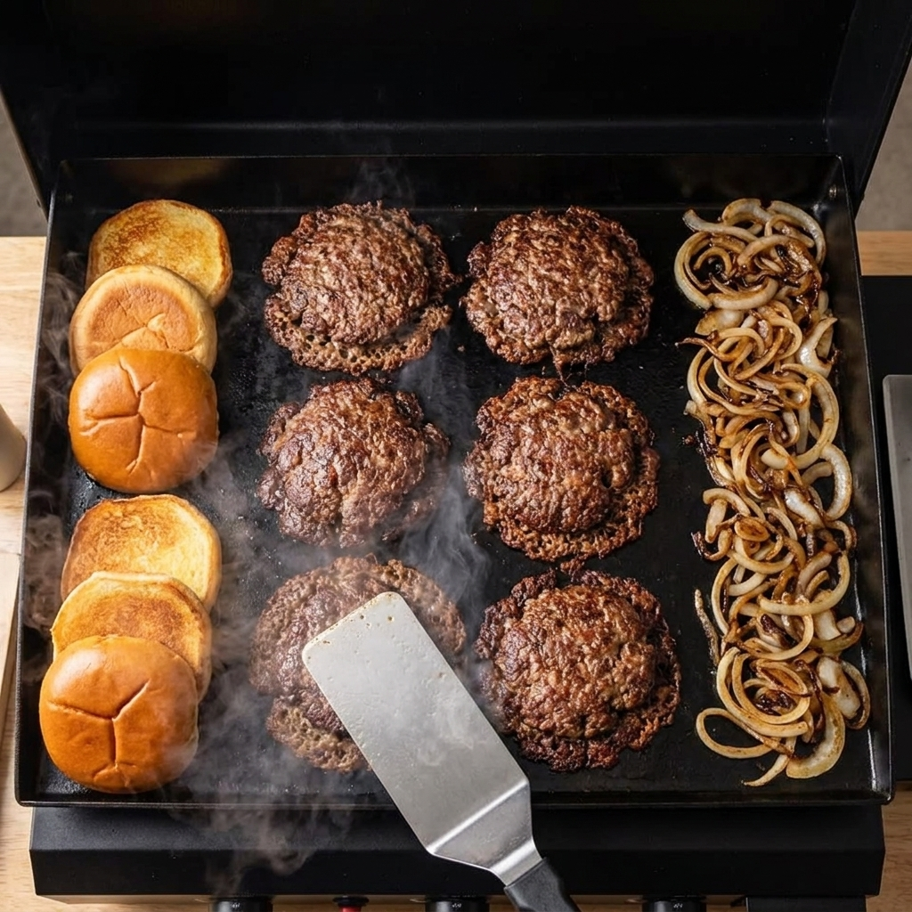 The flat steel plate loaded edge to edge with burger patties and caramelising onions