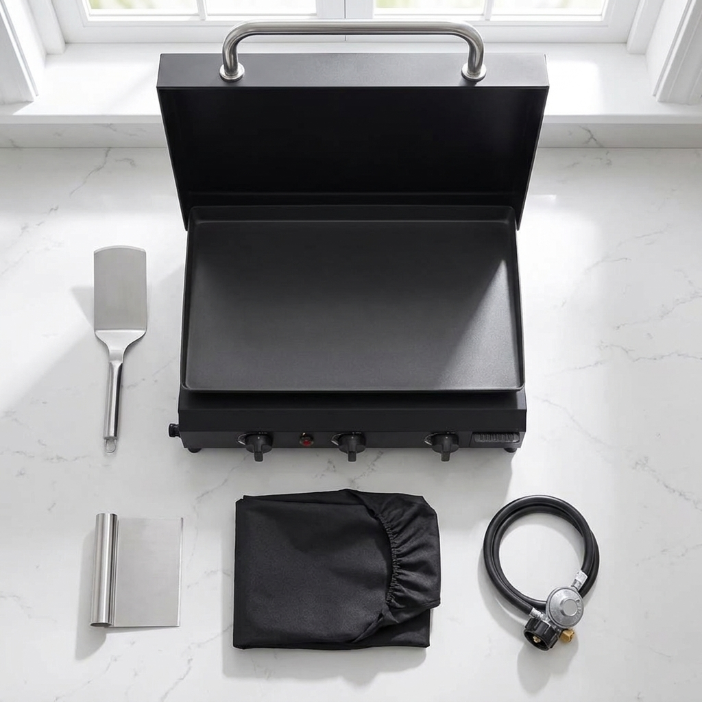 Overhead view of everything included: the griddle with its hood open, a stainless spatula, a stainless scraper, a folded fitted cover and a coiled regulator hose