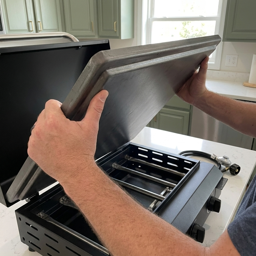 A hand lifting the heavy flat steel cooking plate out of the griddle body by its edge