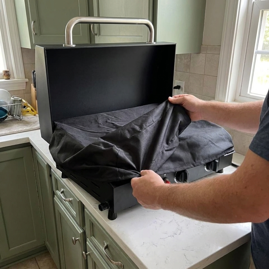 Drawing the fitted cover down over the closed griddle