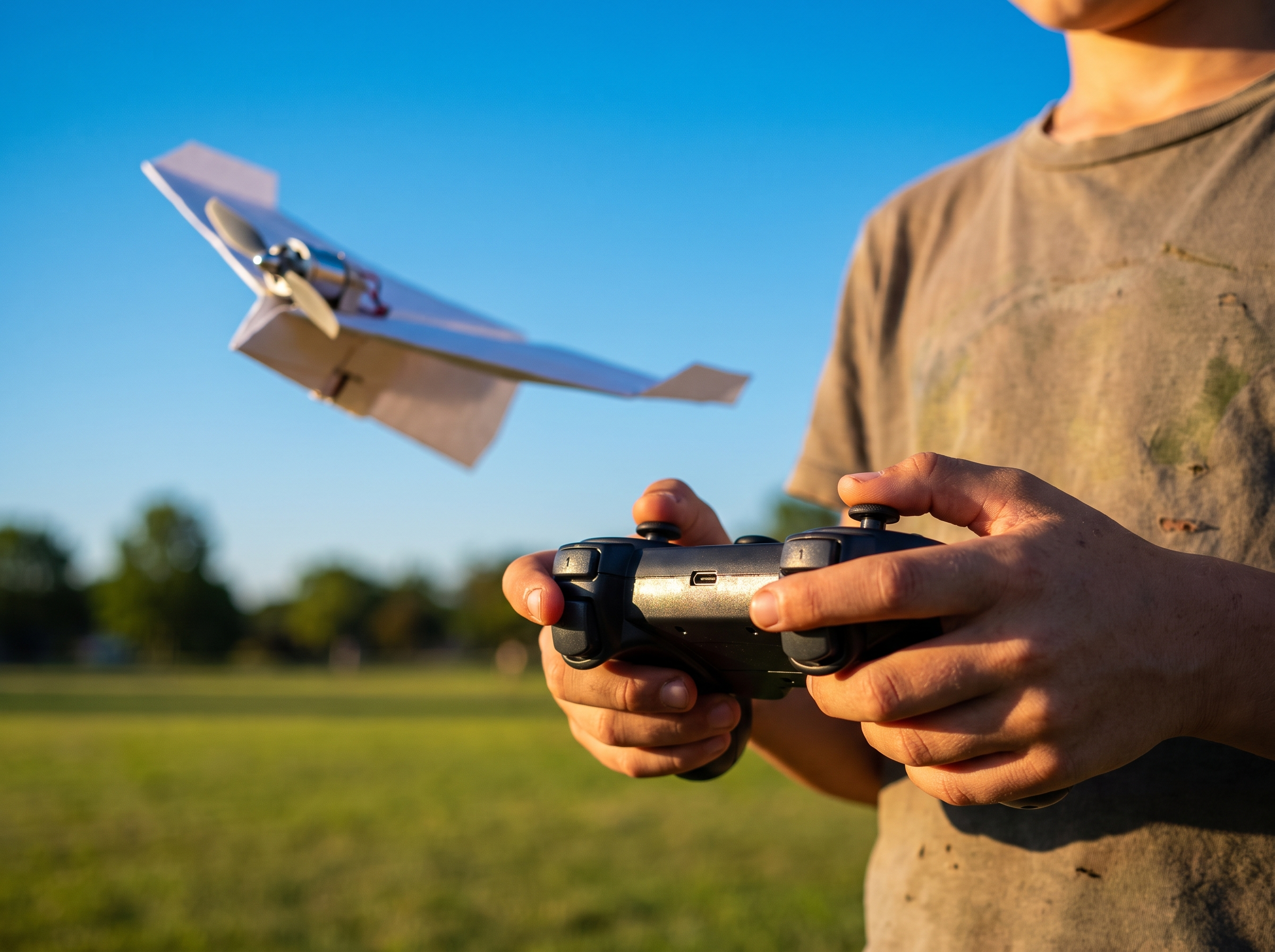 A boy's thumbs on the two sticks of the remote controller, his paper plane flying behind him