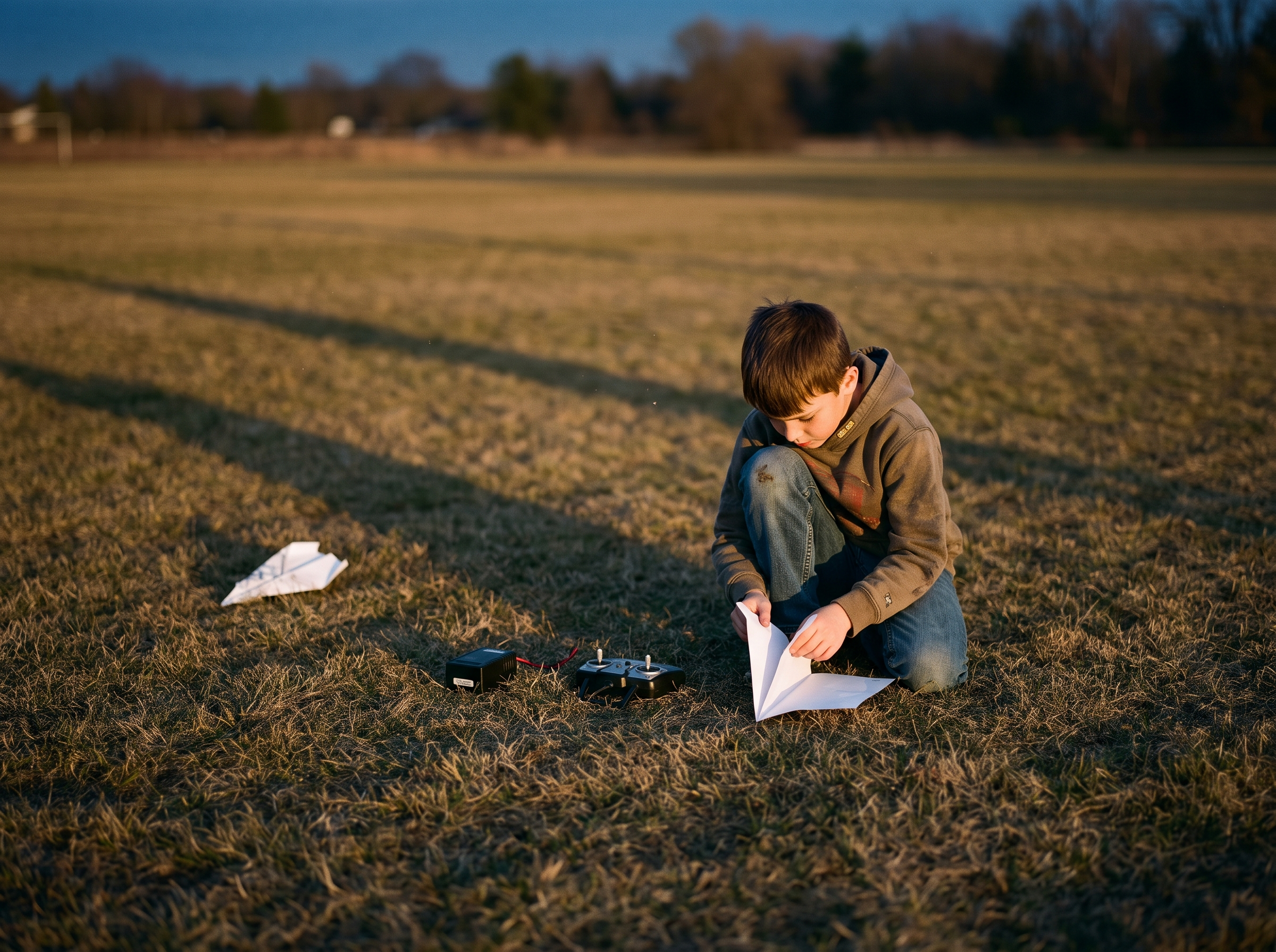 A boy folding a fresh plane at dusk, the module and remote on the grass beside a wrecked one