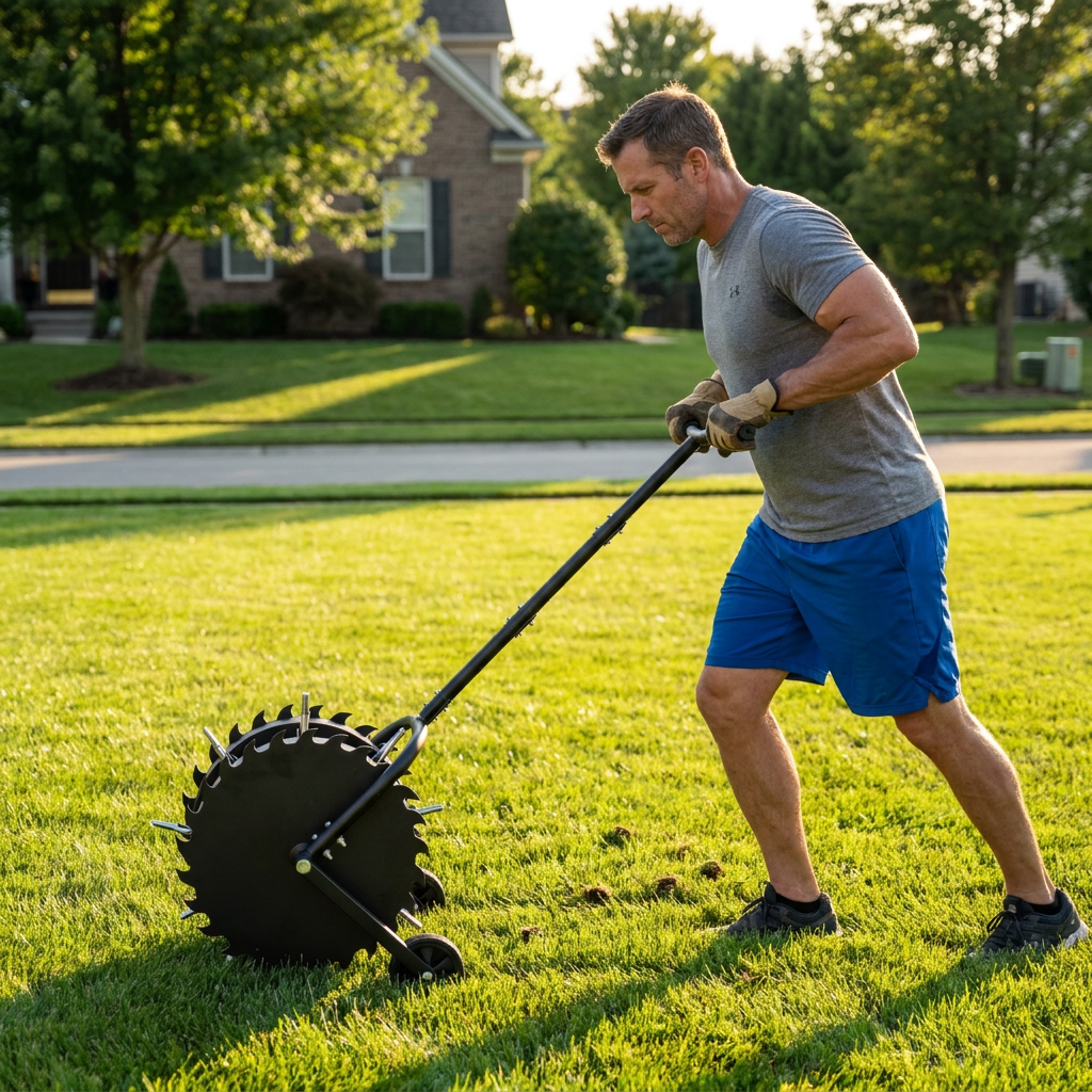 A man pushing the TurfCore aerator across his lawn in the evening