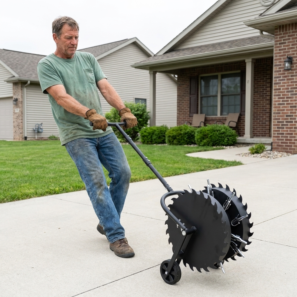 Tipping the aerator onto its transport wheel to cross the driveway