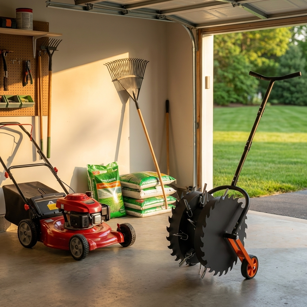 The TurfCore aerator stored in a home garage beside other lawn tools