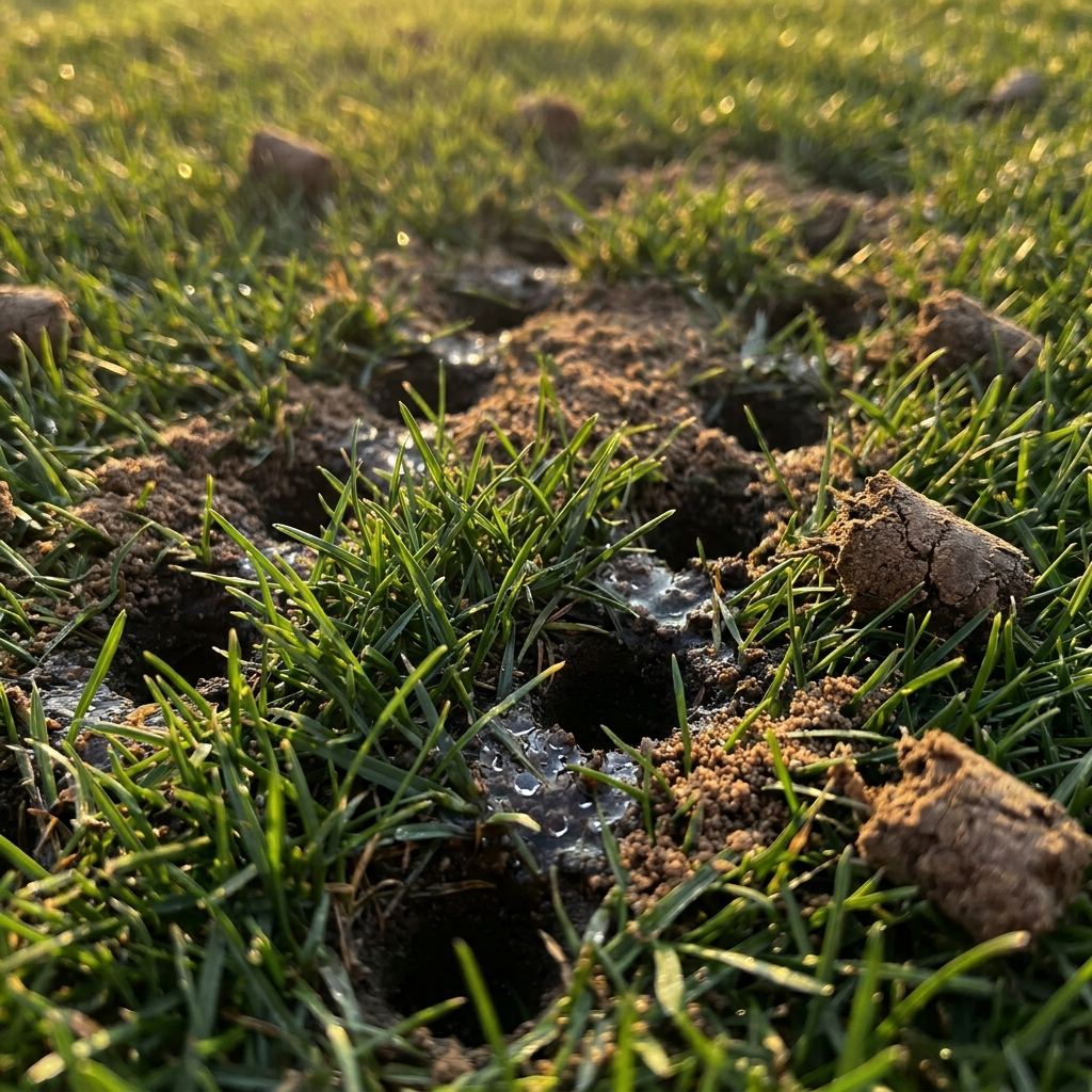 Close-up of a freshly aerated lawn with water soaking into the holes