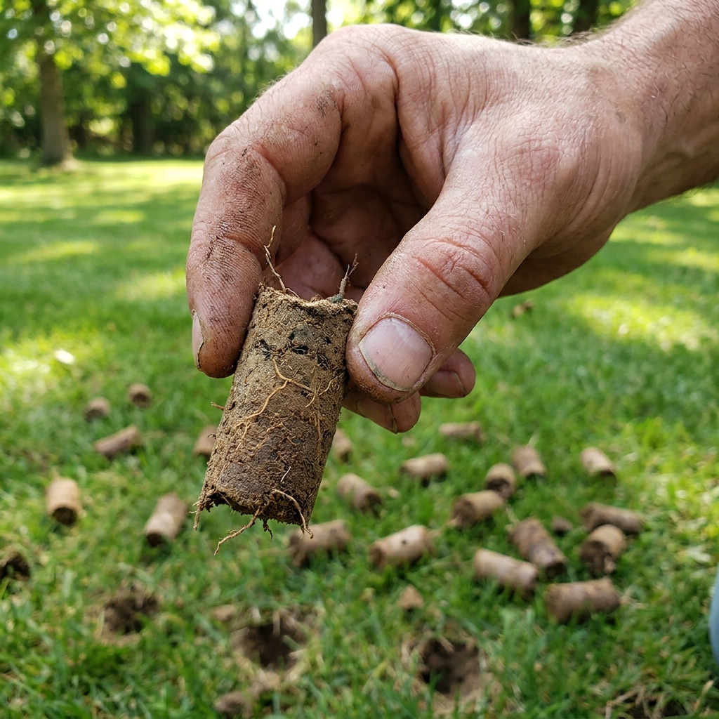 A hand holding a two-inch soil core pulled from the lawn