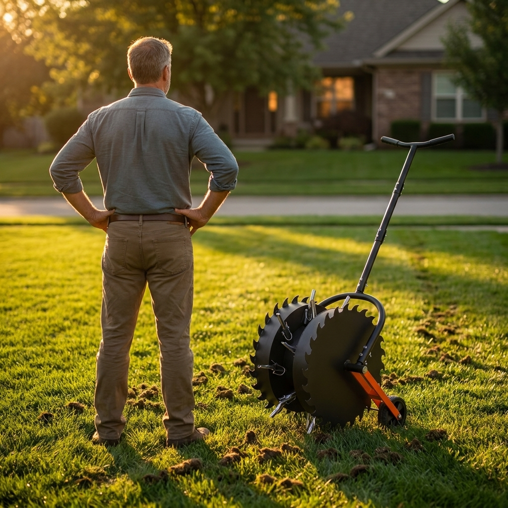 A homeowner looking over his freshly aerated lawn at golden hour