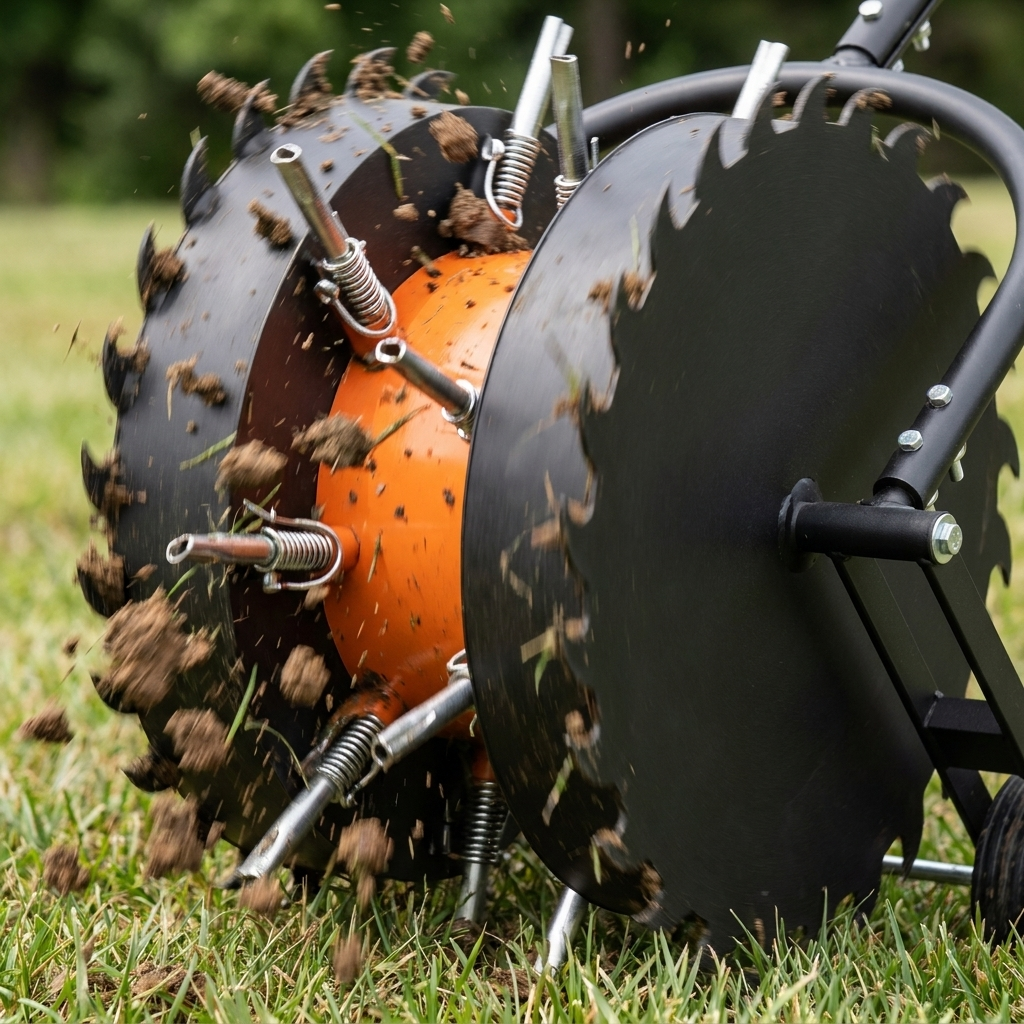 Spring-loaded tines flinging soil cores against the back guard