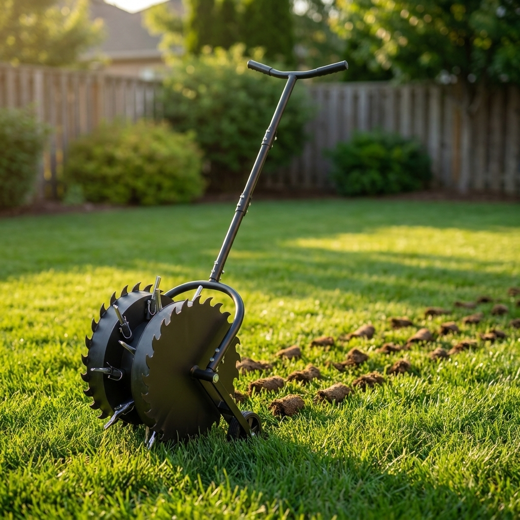 The TurfCore rolling lawn core aerator on a healthy green lawn