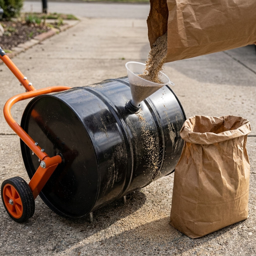 Sand being funnelled into the weighted side drum