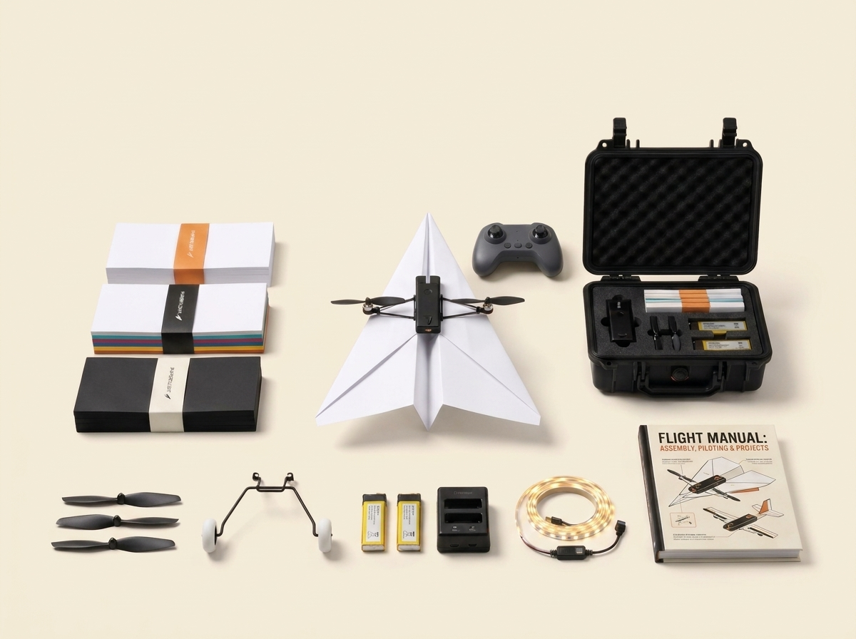 Everything in the PaperFlight Full Hangar Bundle laid out: the kit, remote, carry case, charger, batteries, spare props, LED strip, paper and the guide